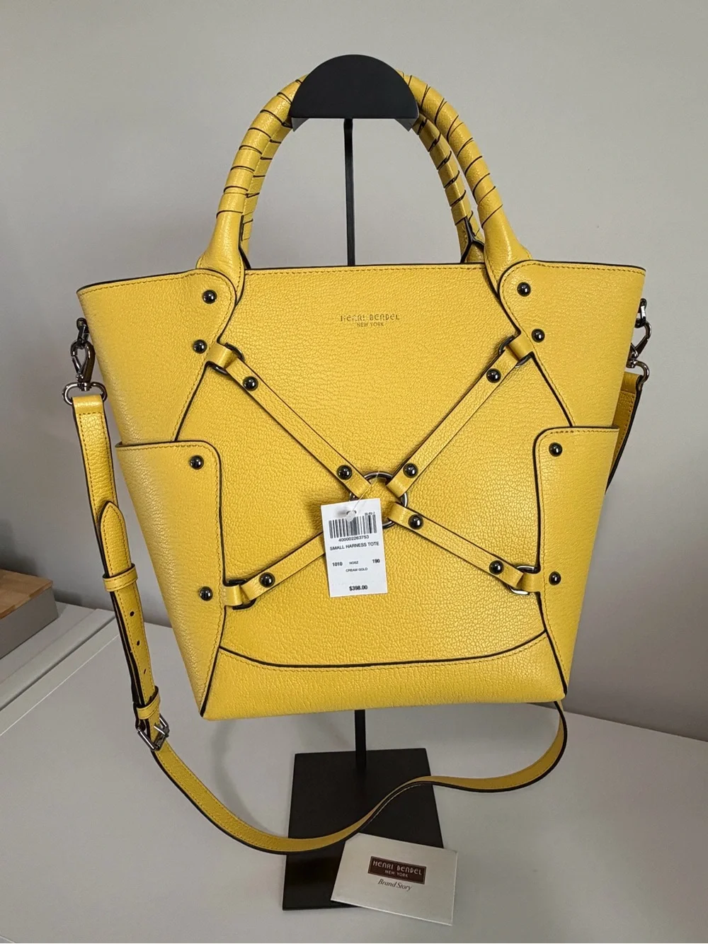 Henri Bendel Yellow Textured Leather Tote with Strap Detail